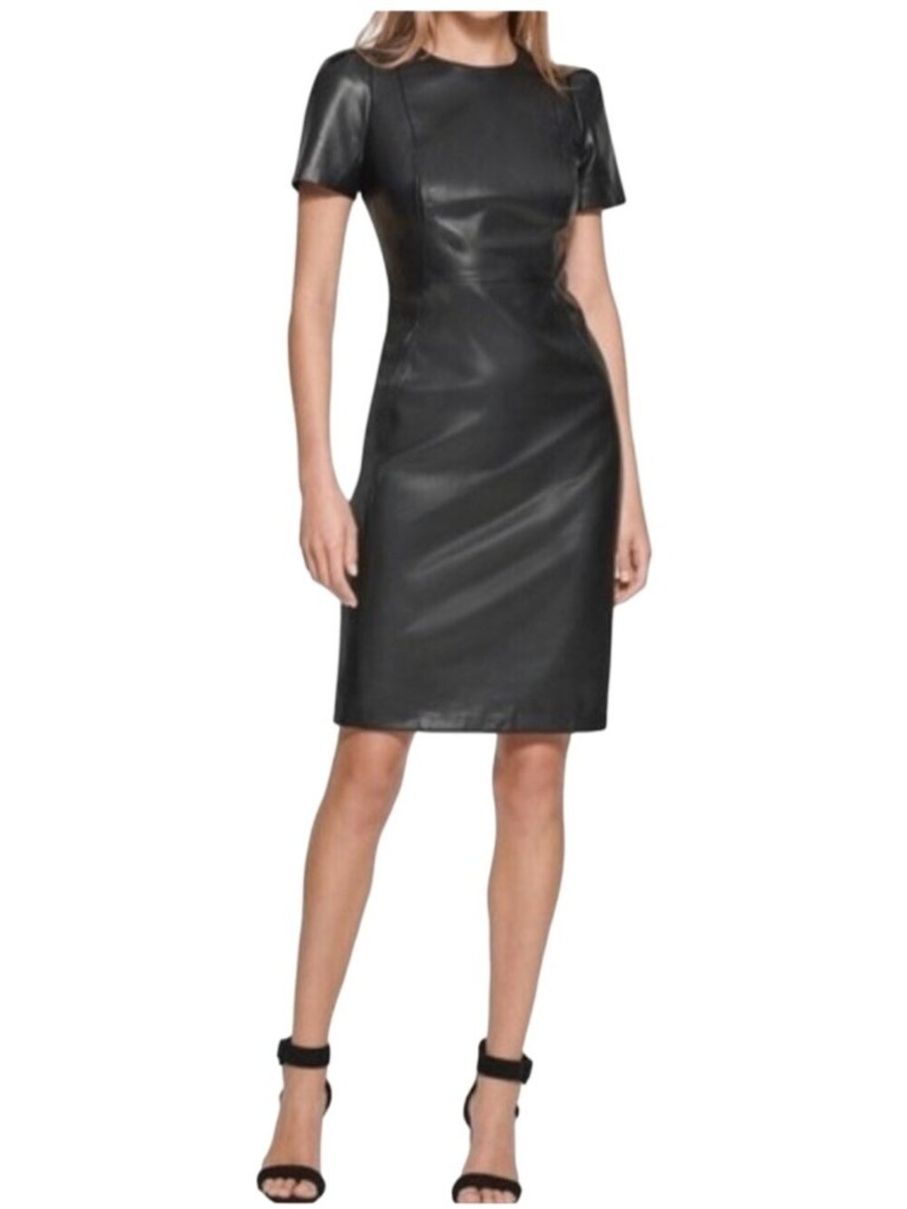 Calvin Klein NWT Faux Black Leather Puff Sleeve Sheath Dress Size 12